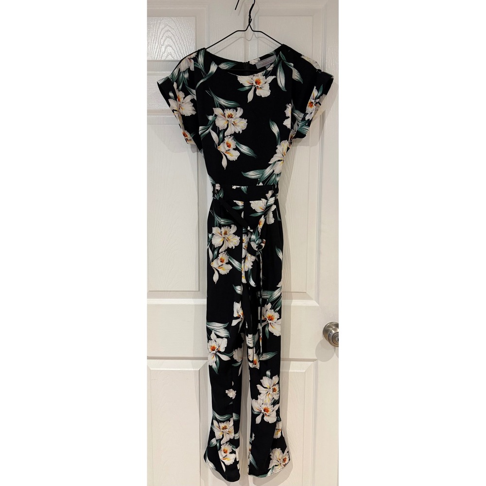Dorothy Perkins Womens Floral Tie Waist Jumpsuit Black White Green US 6 UK 10